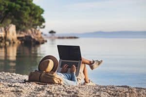 Women working from the beach